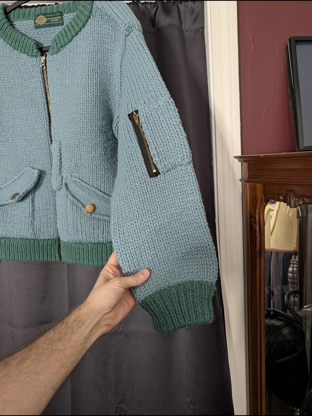 GIM CONTEXT Japanese Blue Green Knit Wool Bomber Jacket with Zip One Size